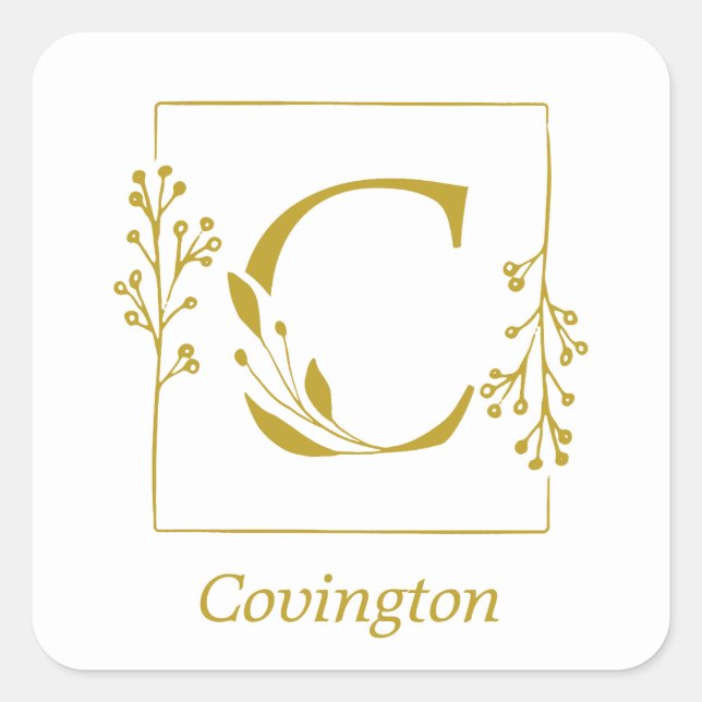 Letra Botânica Dourada Moderna, C, Adesivo Quadrad (Frente)