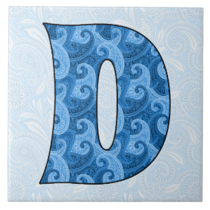 Letra D - Azulejo de 6 polegadas com Paisley Azul