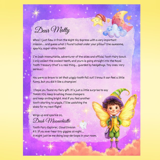 Letra de Fada dos Dentes dos Mágicos - Personaliza (Boys Tooth Fairy Letter Personalized Printed Letter from Dash Moonwhistle – Custom Tooth Fairy Note)