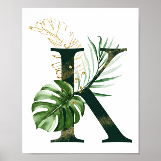 Letra decorativa K com Poster de folhas tropicais