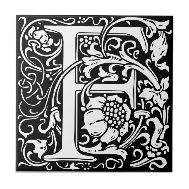 Letra F art nouveau Azulejo preto e branco (Frente)
