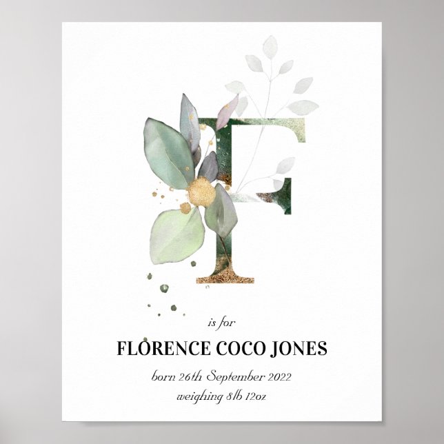 Letra F Novo Bebê Monograma Impressão Greenery (Frente)