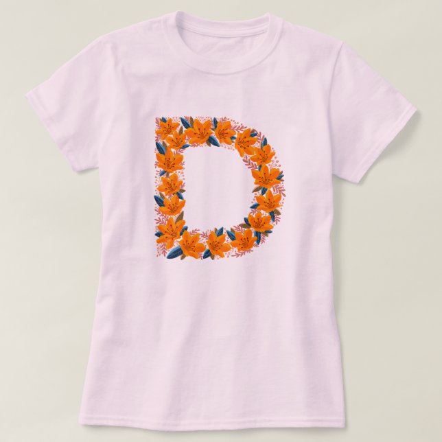 Letra floral D camiseta básica da mulher (Frente do Design)