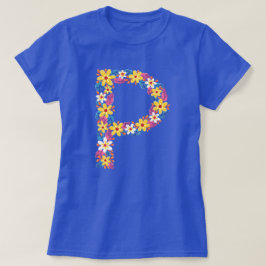 Letra floral P camiseta básica da mulher
