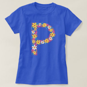 Letra floral P camiseta básica da mulher