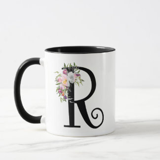 Letra floral R da aguarela, caneca da arte do