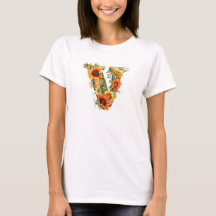 Letra girassol V Camisa gráfica para mulheres acas