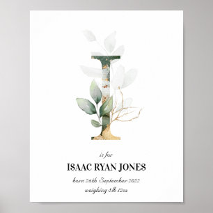 Letra I Novo Bebê Monograma Impressão Greenery