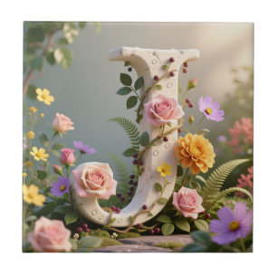 Letra J Monograma Jardim Floral Branco