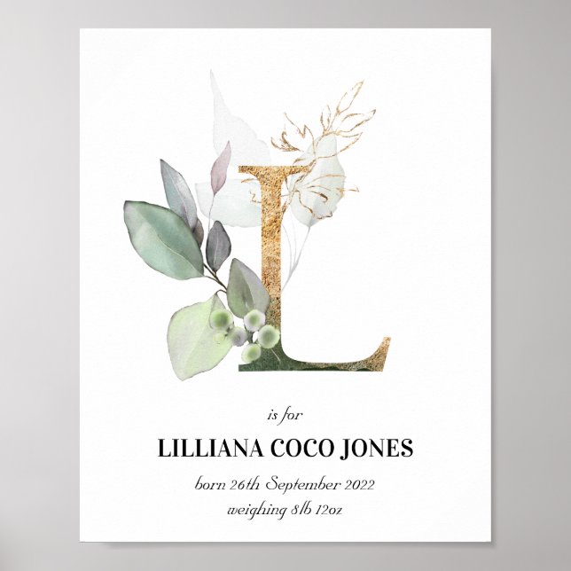 Letra L Novo Bebê Monograma Impressão Greenery (Frente)