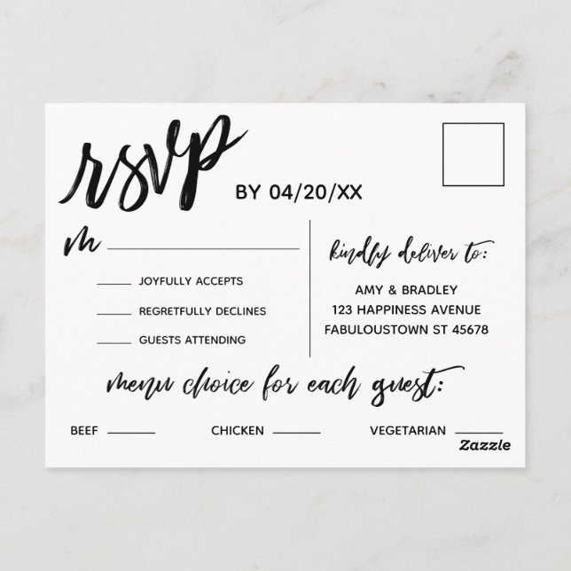 Letra manual casual Black White Menu Choice RSVP (Verso)