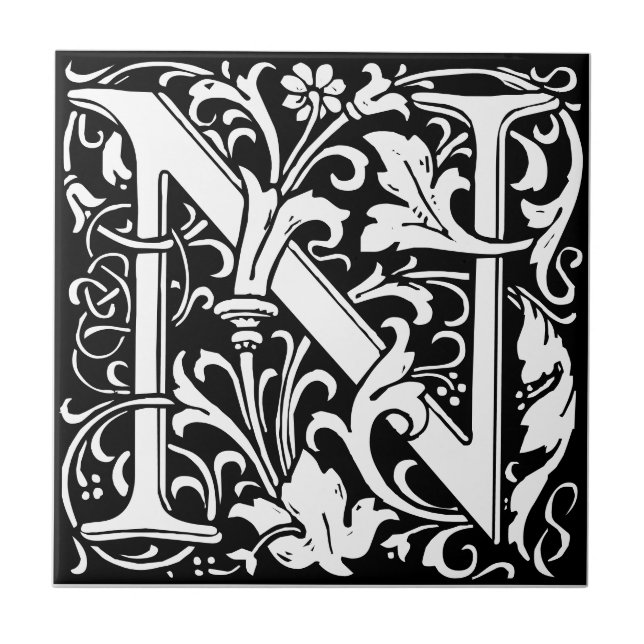 Letra N art nouveau Azulejo preto e branco (Frente)