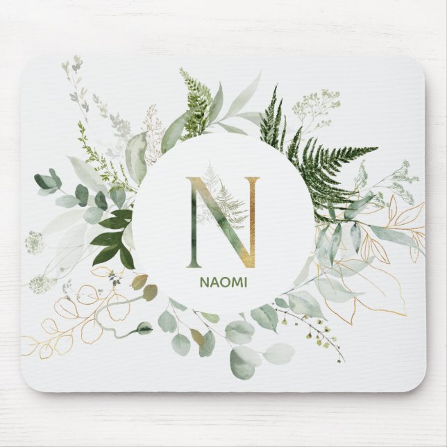 Letra N Verde Fern & Eucalyptus Wreath Mouse Pad (Frente)