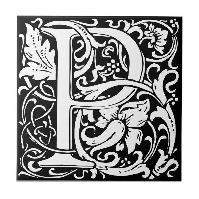 Letra P art nouveau Azulejo preto e branco (Frente)