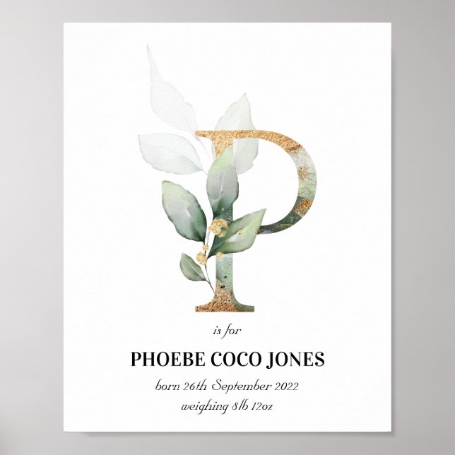 Letra P Novo Bebê Monograma Impressão Greenery (Frente)