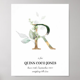 Letra R Novo Bebê Monograma Impressão Greenery