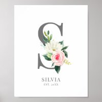 Letra S Monograma Florais de Aquarela Poster