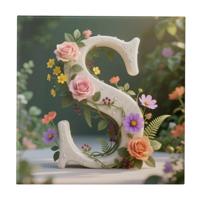 Letra S Monograma Jardim Floral Branco (Frente)