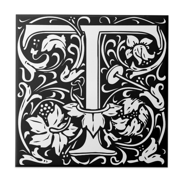 Letra T art nouveau Azulejo preto e branco (Frente)