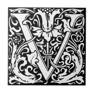 Letra V art nouveau Azulejo preto e branco