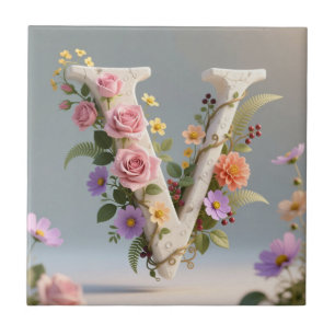 Letra V Monograma Texturizada Floral Branca
