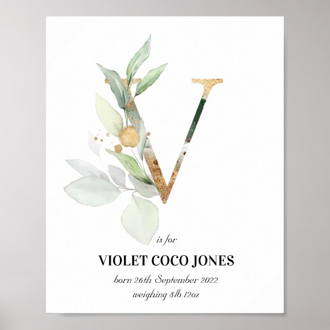 Letra V Novo Bebê Monograma Impressão Greenery (Frente)