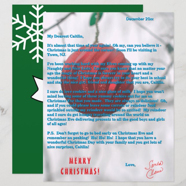 Letras de Papai Noel Verde Enfeite Vermelho (Frente/Verso)