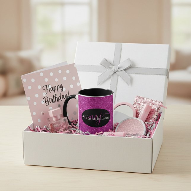 Letras elegantes em caneca com brilho preto e rosa (Criador carregado)