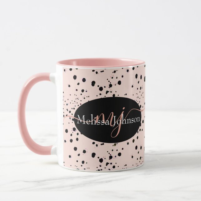 Letras elegantes em dourado rosado em caneca preta (Esquerda)