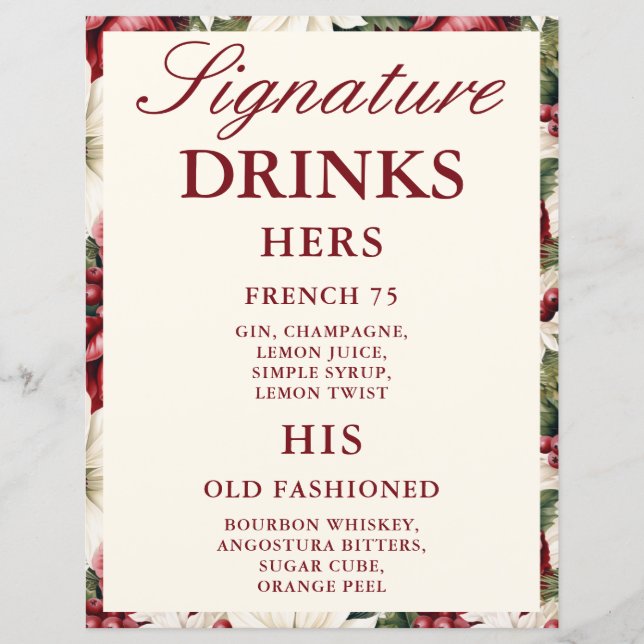 Letreiro de Bar de Casamento com Bebidas com Flora (Frente)