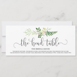 Letreiro de mesa de noivos, folhagem e escrita rús