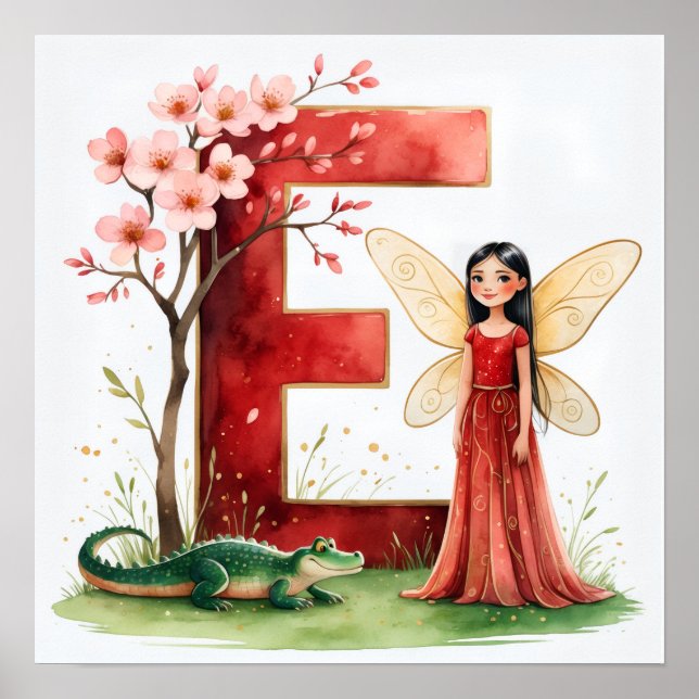 Letter E Alligator Fairy Poster Wildlife Alphabet (Frente)