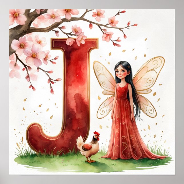 Letter J Rooster Cherry Blossom Fairy Poster Art (Frente)