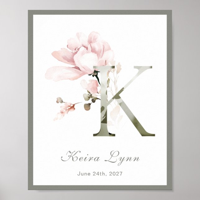 Letter K Monogram Pink White Floral Nursery Poster (Frente)