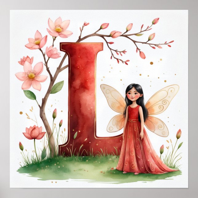 Letter L Lotus Flower Fairy Art Poster - Botanical (Frente)