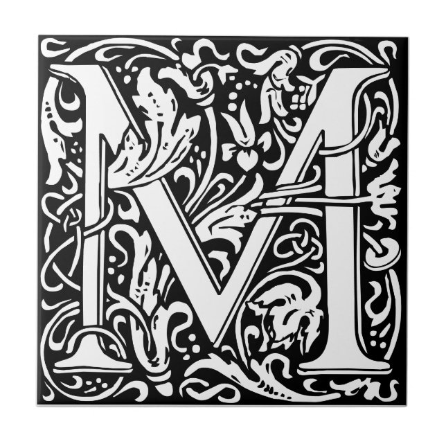 Letter M art nouveau black and white Tile (Frente)