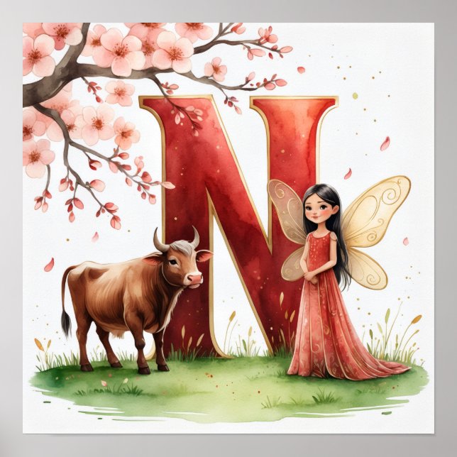 Letter N Ox Fairy Poster - Cherry Blossom Art (Frente)