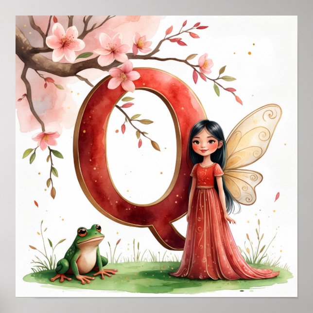 Letter Q Frog Fairy Poster - Chinese Alphabet Art (Frente)