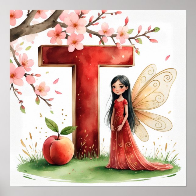 Letter T Peach Fairy Poster Chinese Alphabet Art (Frente)