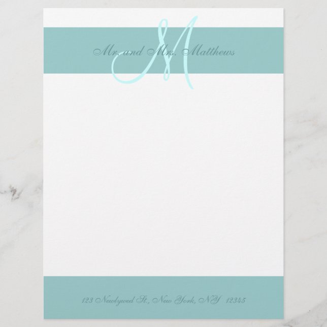 Letterhead de monograma branco azul para recém-cas (Frente)