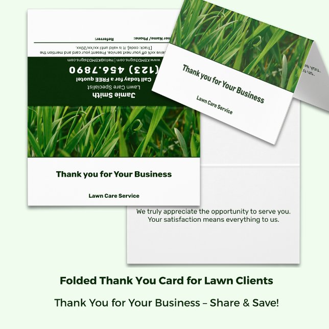 Lewn Care Obrigado Referral Cartão Somente Texto (Lawn Care Thank You Referral Card Text-Only - Green & White; Folded size 3.5x2 Inch)