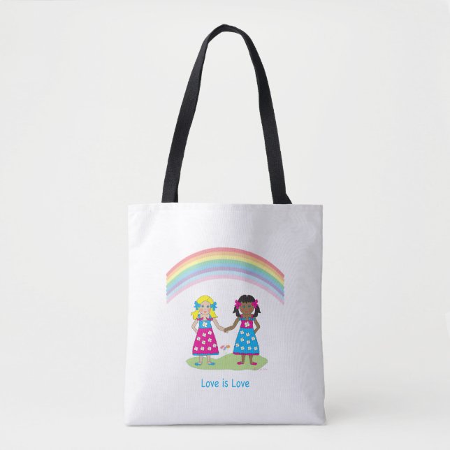LGBTQIA LOVE é AMOR, Rainbow Flag Heart Tote Bag (Frente)
