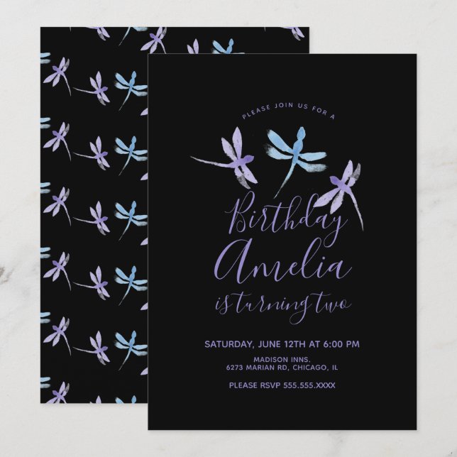 Libélula Aquarela Roxo Preto Festa de Aniversário (Frente/Verso)