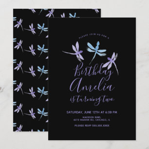 Libélula Aquarela Roxo Preto Festa de Aniversário