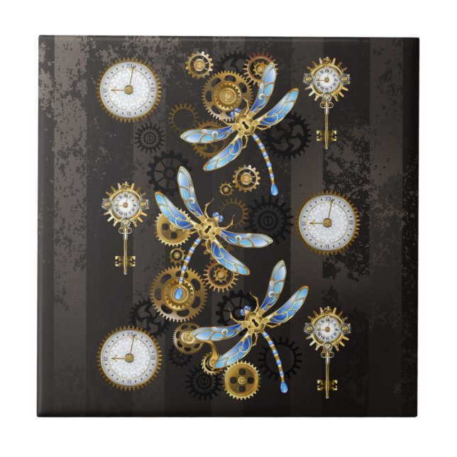 Libélulas Steampunk em fundo listrado marrom (Frente)
