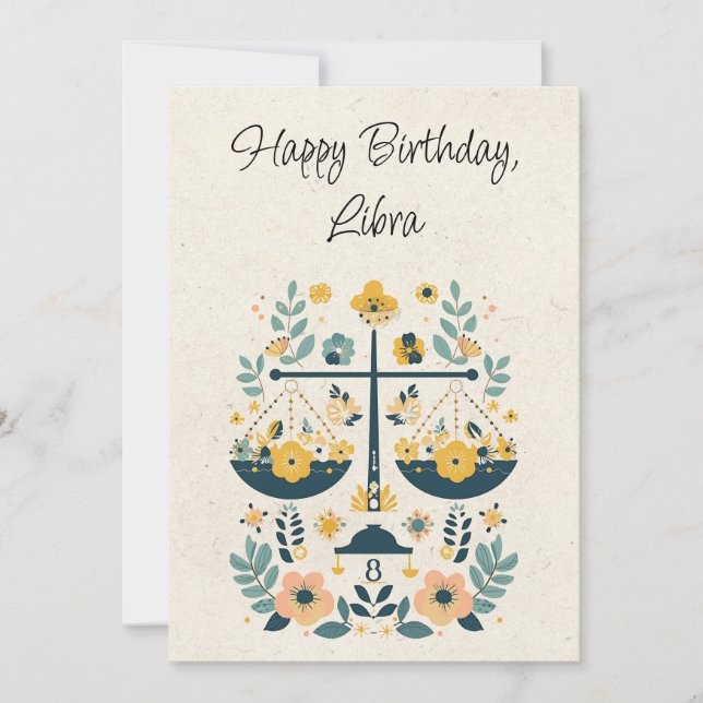 Libra Escala Zodiac Cartão Floral de Aniversário (Frente)
