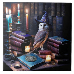 Library and Owl with Candles Mystical Books