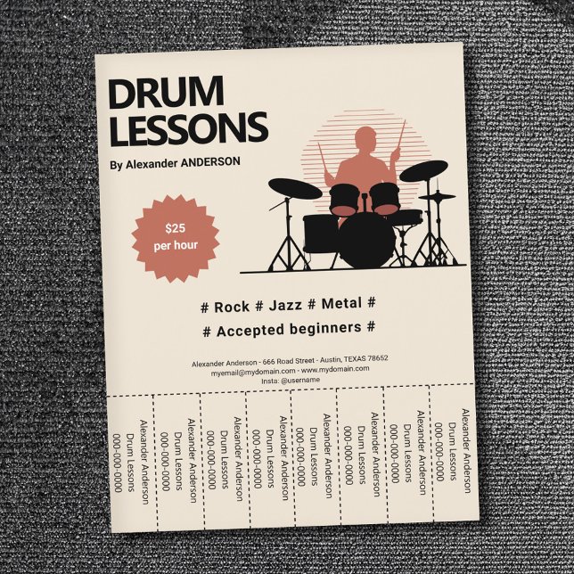 Lições De Tambor Rasgar Bandas Folheto (Drum Lessons Tear Off Strips Flyer)