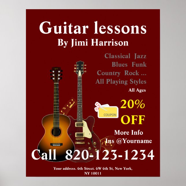 Lições de Violão | Sinal de Poster da Escola de Mú (Frente)