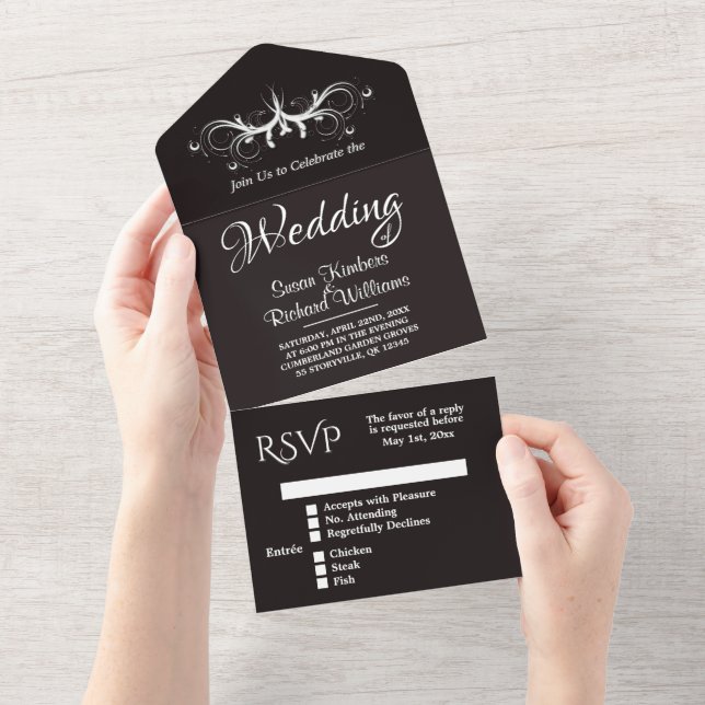 Licorice e Branco Tri Dobra com Rsvp Casamento Tud (Aba destacável)